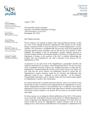 APS Letter on Oppenheimer Security Clearance