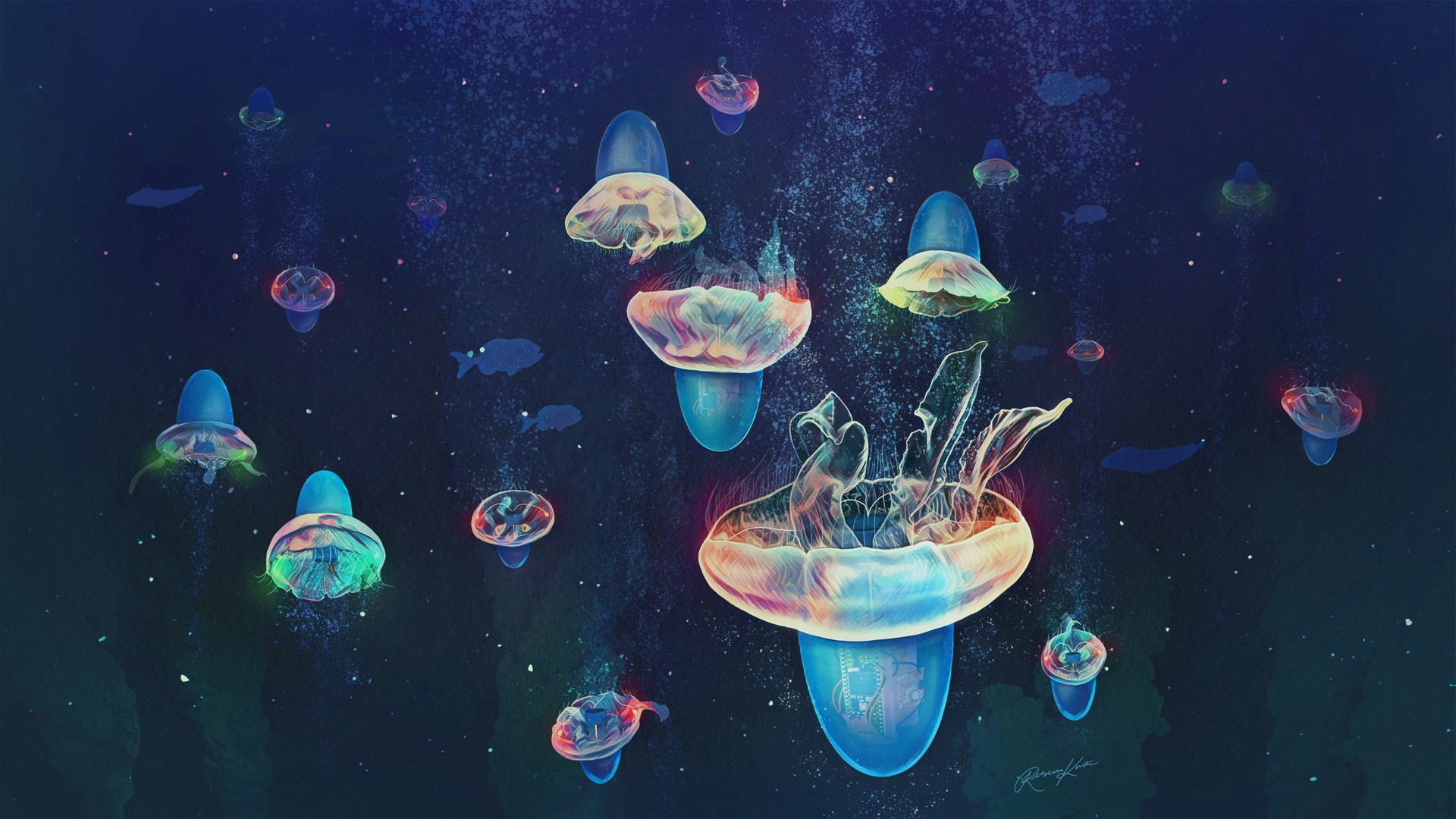 An artistic rendering of jellyfish swimming at sea
