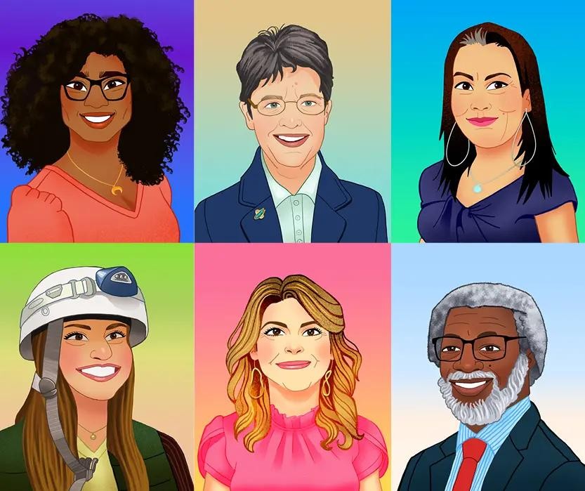 PhysicsQuest 2022 image featuring illustrations of diverse scientists