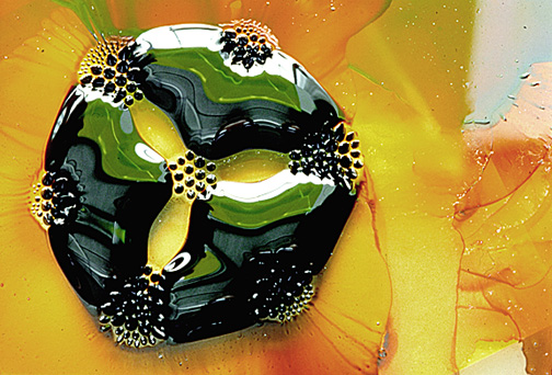 Ferrofluid on a glass surface, with 7 circular magnets. From On the Surface of Things, Images of the Extraordinary in Science by Felice Frankel and George M. Whitesides. (Image from web.mit.edu/feliceF/www/aps1.cfm).