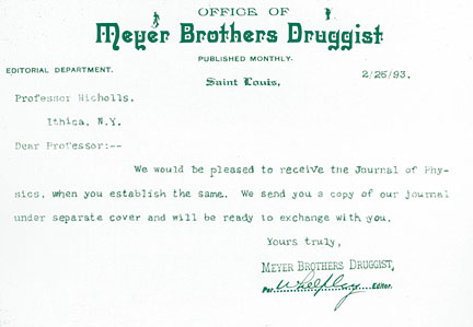 Letter from Meyer Brothers Druggist to Phys. Rev. editor, Edward Nichols, 23 Feb 1893.