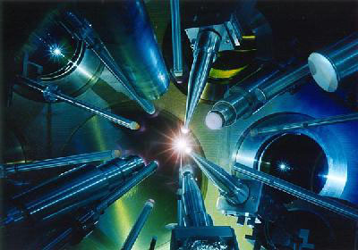 Lasers converge on a fusion target at the University of Rochester's OMEGA facility.