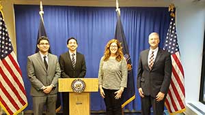 Hunter College students (L-R) Fernando Villafuerte and Stephen Munoz, and physics chair Steve Greenbaum (far right) met with Brook Gesser (of Sen. Gillibrand's office) to discuss science funding and STEM education.