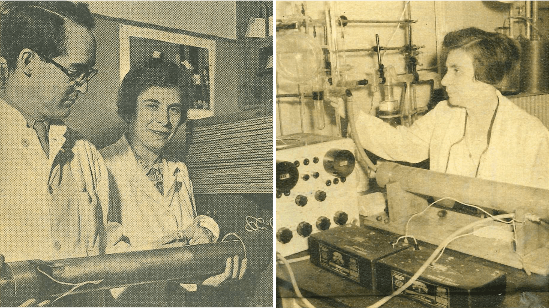 Two old newspaper clippings. At left, Hilde Levi and another physicist stand at radiocarbon dating equipment; at right, Hilde Levi sits alone at a laboratory machine.