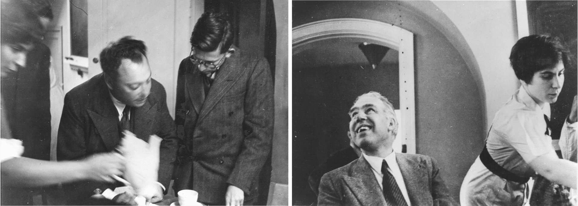 Two black-and-white photos of notable physicists. At the side of each photo, Hilde Levi is seen serving coffee.