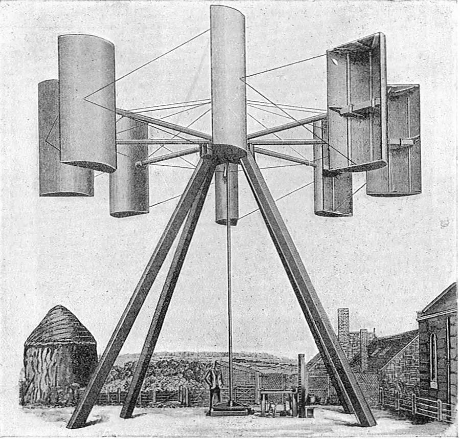James Blyth’s 1891 design for a wind turbine. The wind, Blyth said, “is to be had everywhere.”