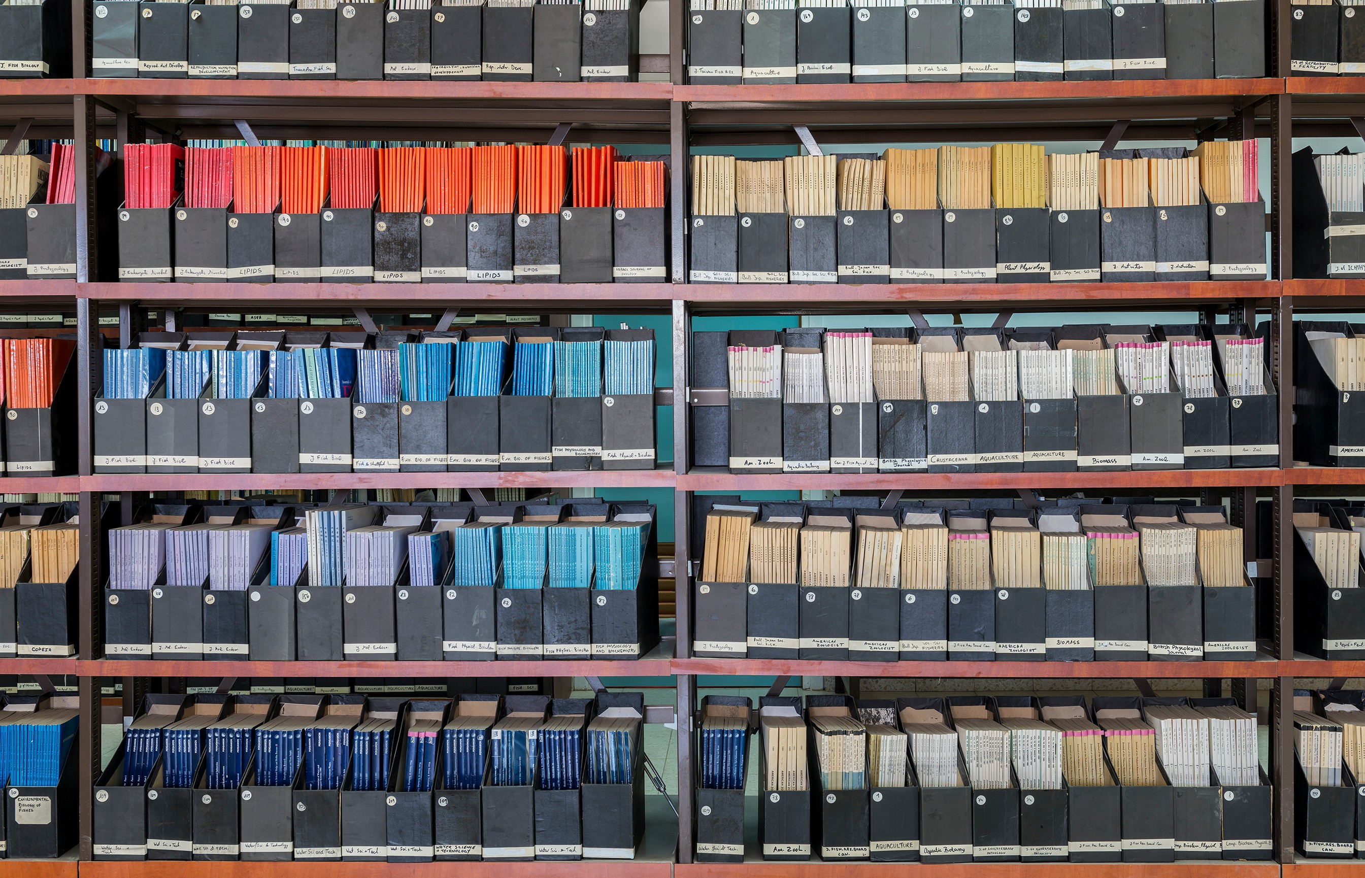 Photo of a library's old scientific journals aisle.