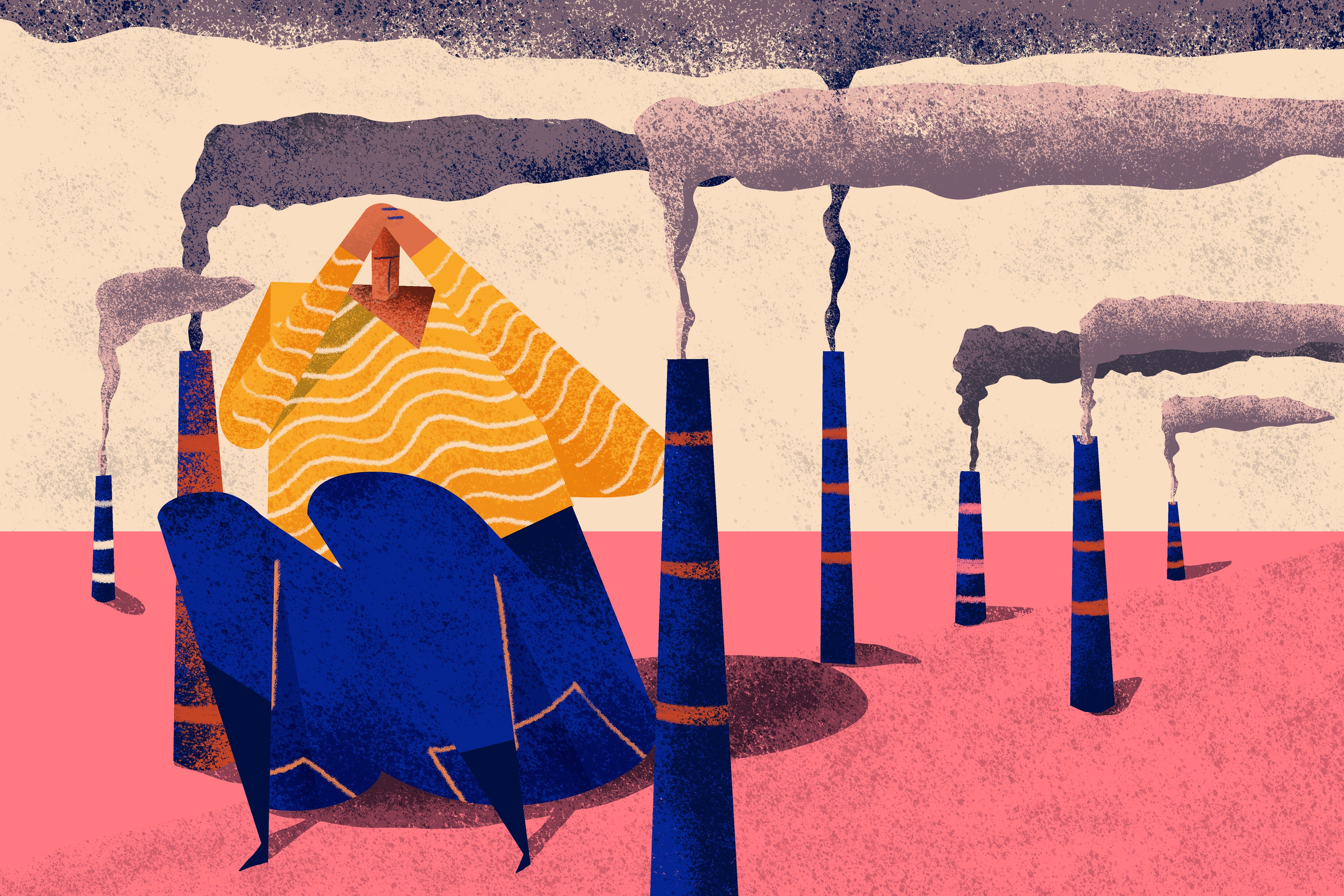 illustration of person affected by pollution of smokestacks