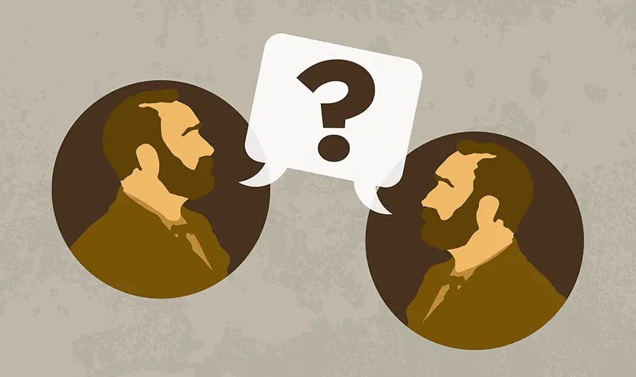 A graphic of two scientists who are speaking to each other