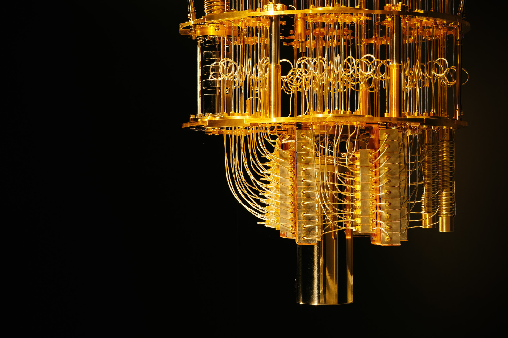 A close-up view of an IBM quantum computer