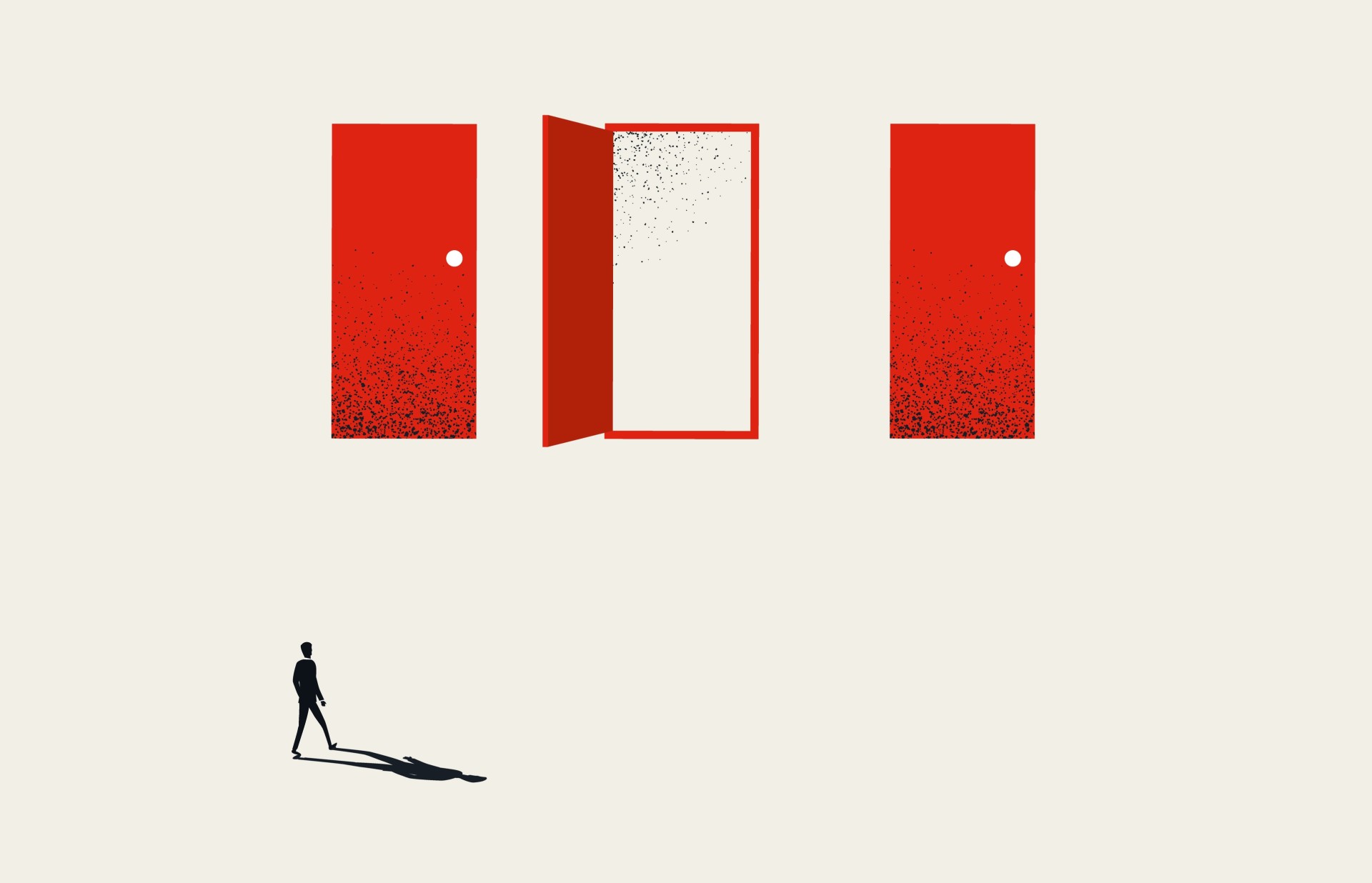 An abstract illustration shows a small figure casting a shadow, walking toward three red doors -- only one of which is swung open.