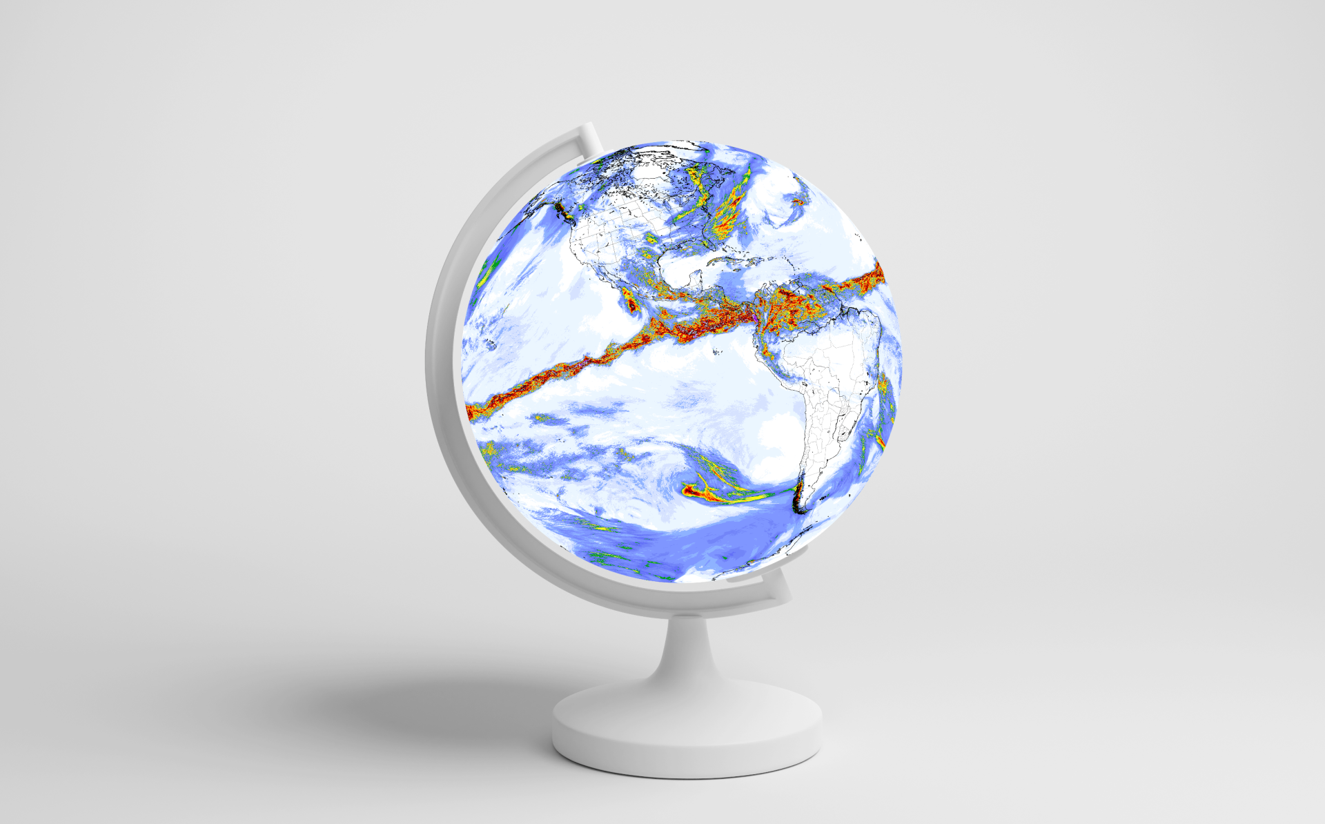 White desktop globe showing Earth with colorful weather data overlay – blue and white precipitation patterns, with a noticeable red and orange band across the equator.