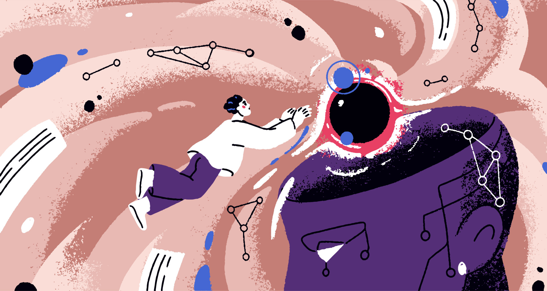Illustration of a person in white lab coat running through a swirling abstract landscape with network nodes.