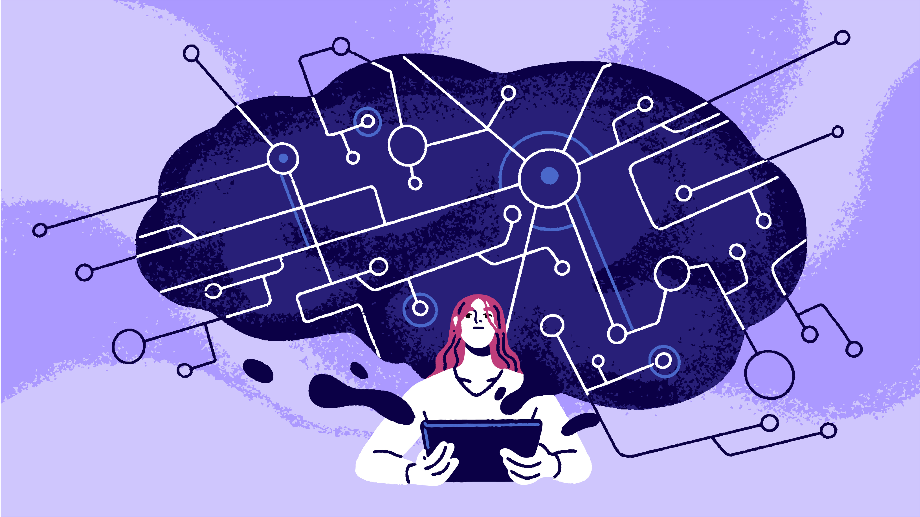 Illustration of a woman with red hair using a tablet, with a large brain-shaped network of connected nodes.