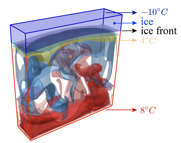 Visualization of the coupling dynamics of the ice layer and the turbulent convective motions in the water layer. 3D simulation for the bottom surface at 8oC and top surface at −10oC. Credit: Chao Sun.