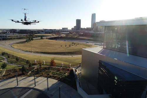 A team from Oklahoma State University attached sensors to robotic aircraft to take more cohesive measurements of building wakes, or the disturbed airflow around buildings. Credit: Jamey Jacob.