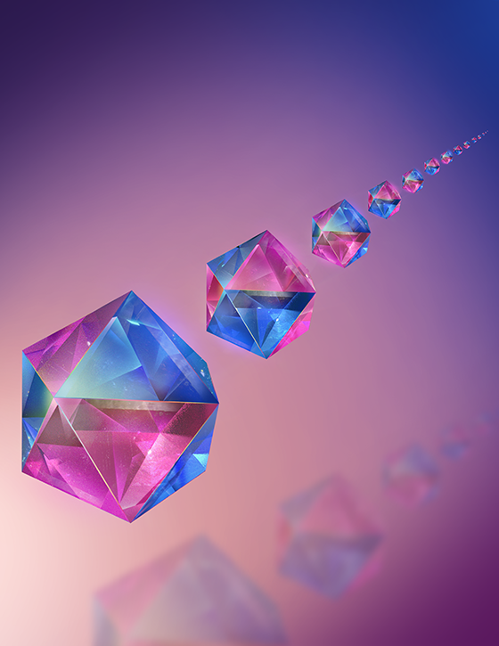 Row of shiny three-dimensional crystals