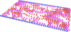 Simulation of pedestrian counterflow (red and pink particles) confined within a hallway (blue boundary), under conditions of weak social distancing.
Credit line: Kelby Kramer and Gerald J. Wang
