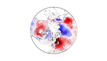 Map of Northern hemisphere with predicted patterns in red and blue