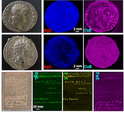 X-ray images of Roman coins and early American paper money.