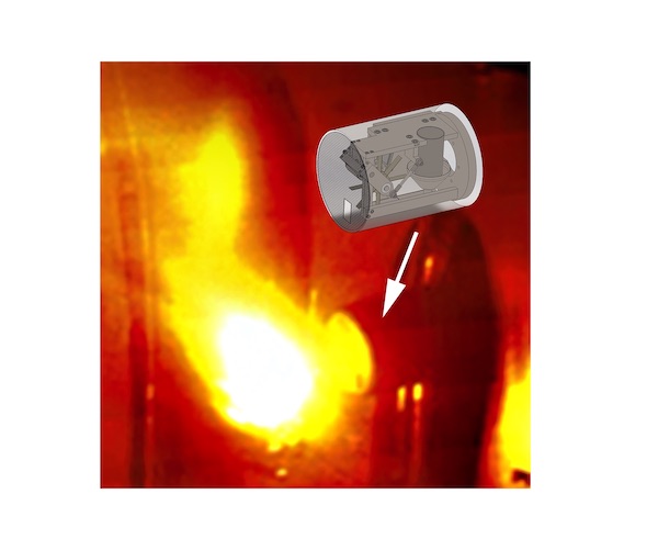 Fire shooting out of a tube and a diagram of a device with an arrow pointing at it