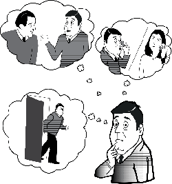 conflict interest cartoon showing a man conflicted by different requests