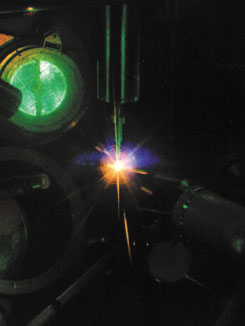 To simulate a supernova explosion, energy from the powerful NOVA laser hits a central target. (Photo courtesy of Lawrence Livermore National Laboratory)