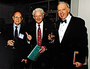 gala08.jpg - 14739 Bytes An Illustrious 'Nobel' Trio: Valentine Telegedi, Leon Lederman and APS President Jerome Friedman pause in their revels for the camera.